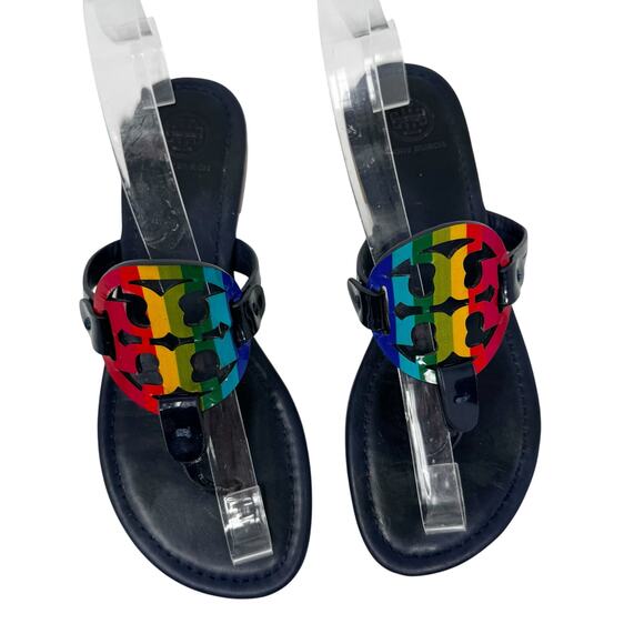 TORY BURCH Navy Blue Rainbow Stripe Miller Logo Patent Leather Sandals Size 7 - Picture 3 of 8
